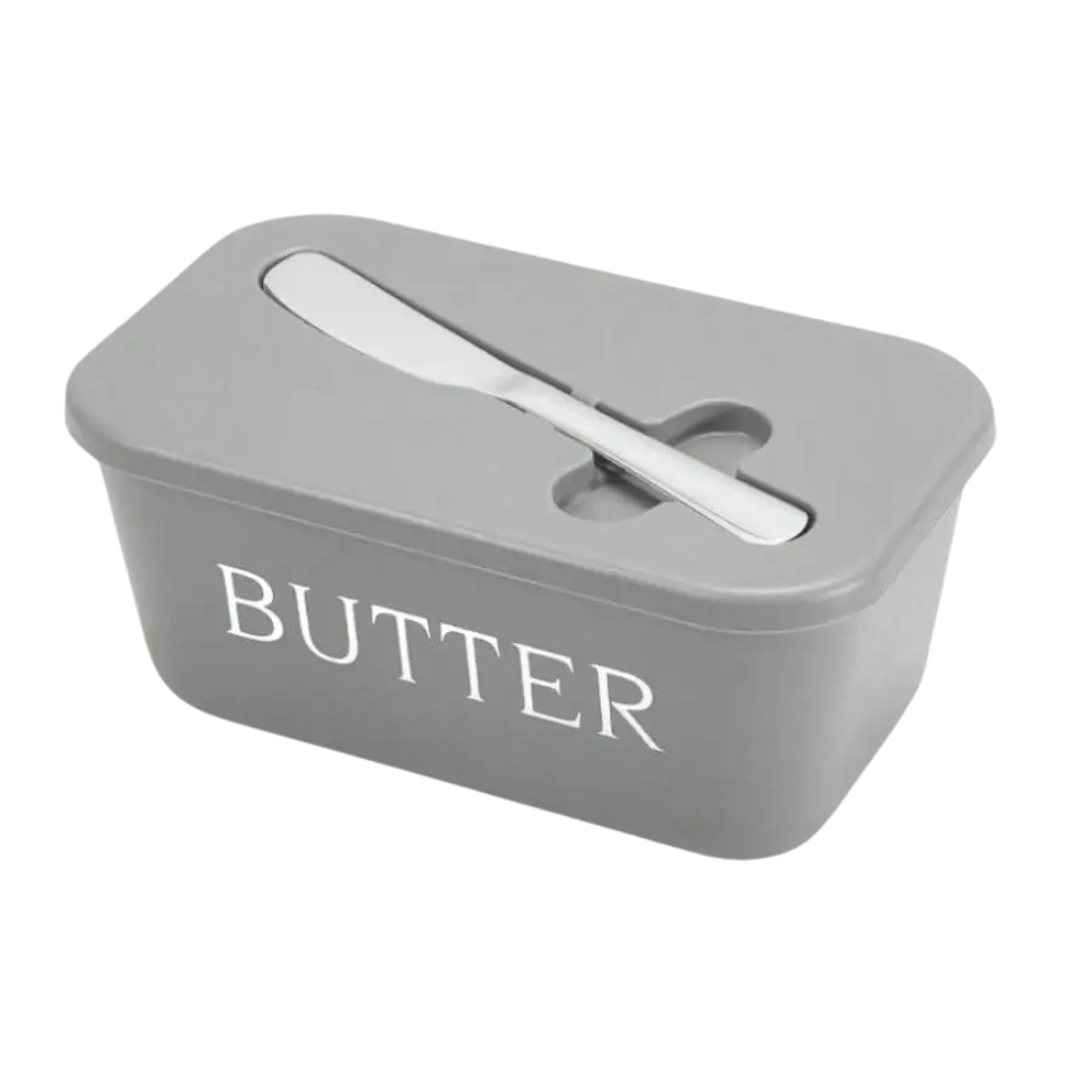 Butter Dish with Lid and Knife Airtight Plastic Butter Container Fridge - Grey