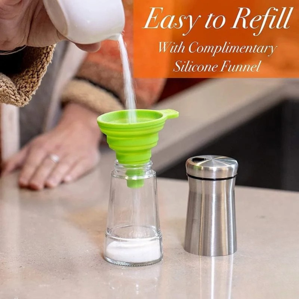Glass Salt & Pepper Shakers Set Adjustable Pour Holes Stainless Steel Tops – Silver