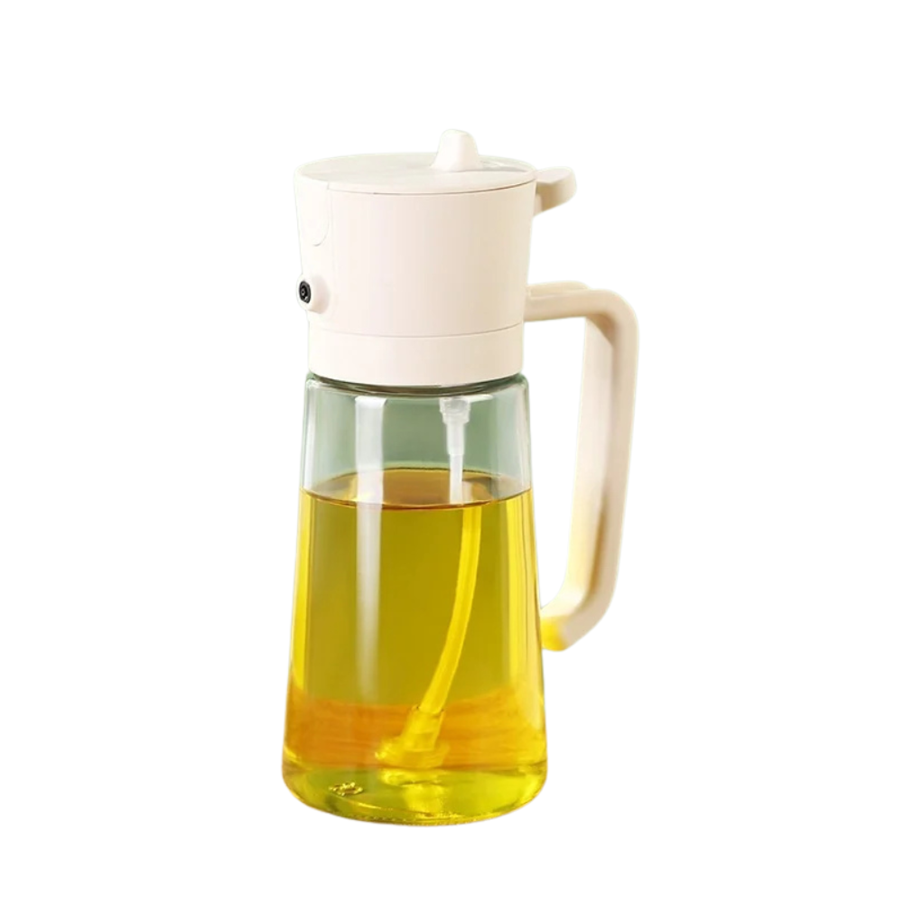 Oil Sprayer and Pourer Bottle 470 mL Glass 2-in-1 Cooking Oil Dispenser - White