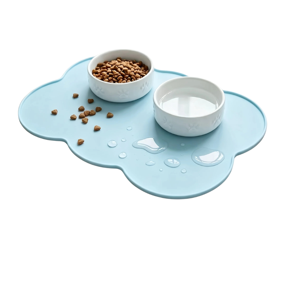Pet Feeding Mat Silicone Waterproof Cat Bowl Placemat with Raised Edge - Blue
