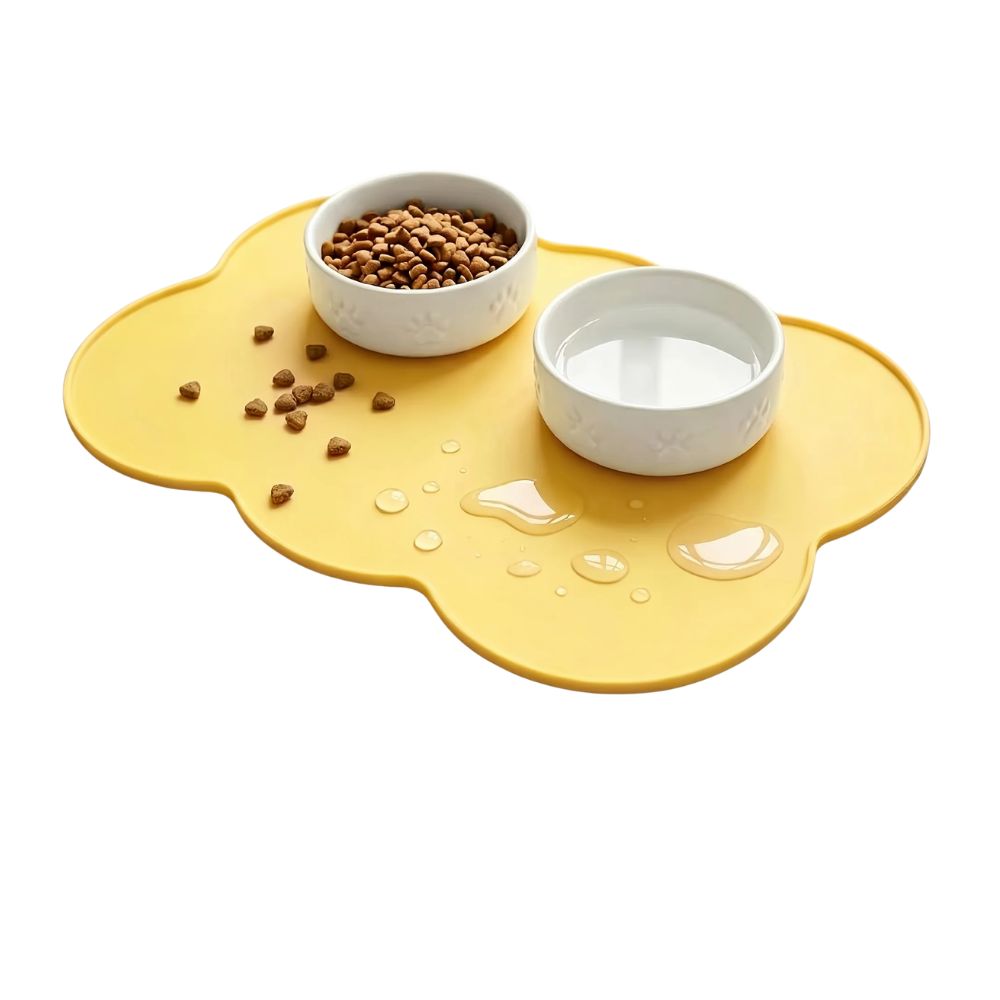Pet Feeding Mat Silicone Waterproof Cat Bowl Placemat with Raised Edge - Yellow