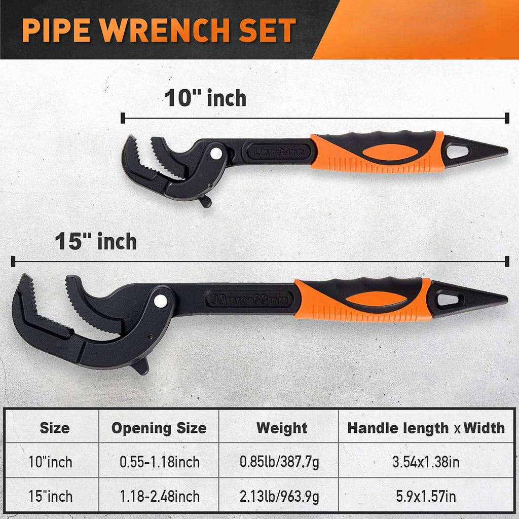 Pipe Wrench Heavy Duty Self-Adjusting Carbon Steel Plumbing Tool Set 10 Inch and 15 Inch 30-63 mm Jaw Opening