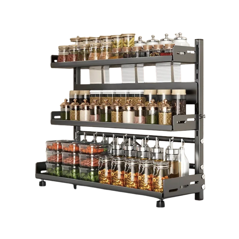 3 Tier Spice Storage Rack 50cm Adjustable Steel Countertop Organizer Black