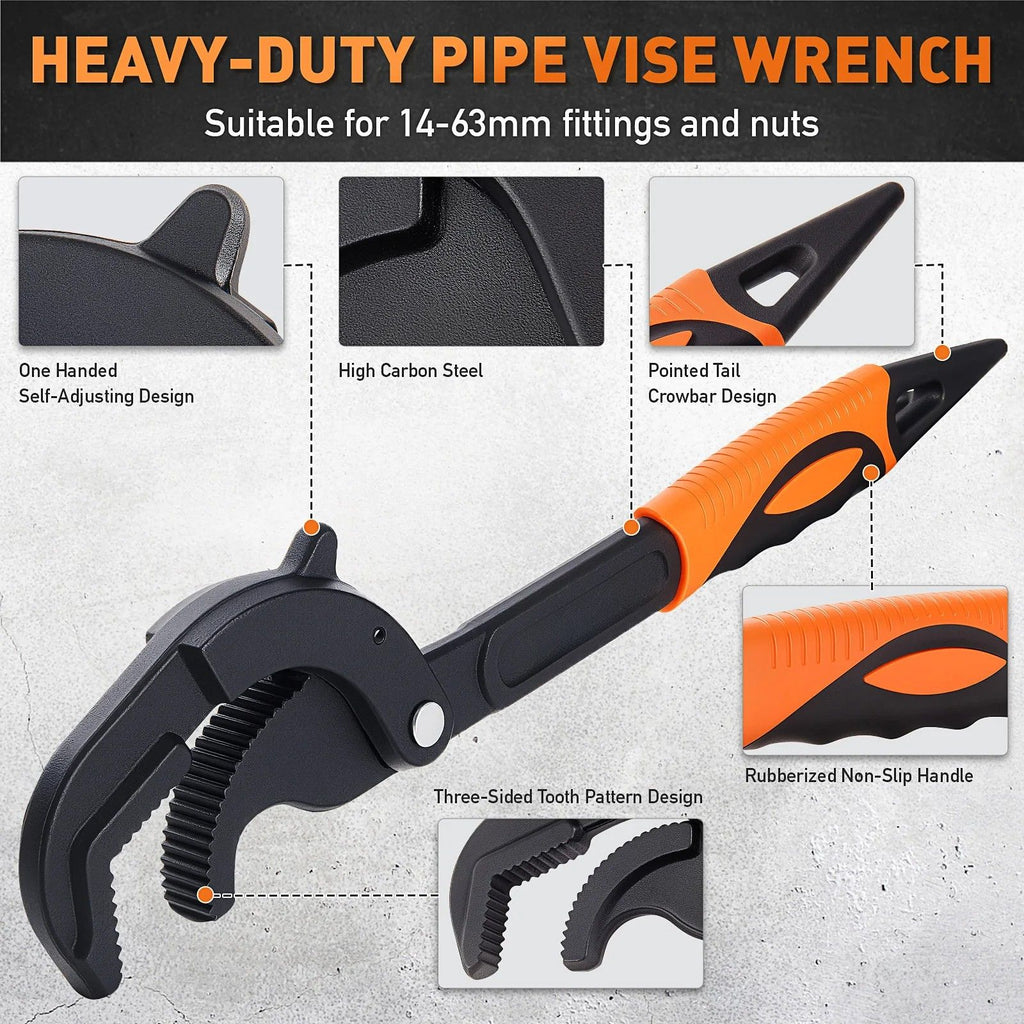 Pipe Wrench Heavy Duty Self-Adjusting Carbon Steel Plumbing Tool Set 10 Inch and 15 Inch 30-63 mm Jaw Opening