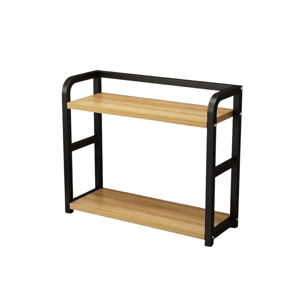 Kitchen Bench Shelf 2 Tier Iron Countertop Storage Rack Organiser - Natural Wood