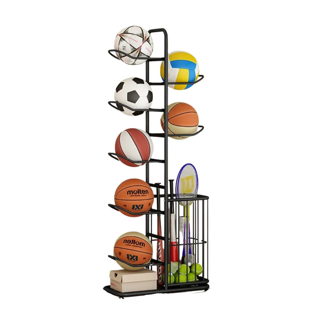 Heavy Duty 5 Tier Ball Storage Rack 146 cm Carbon Steel Floor Stand Sports Equipment Organizer – Black