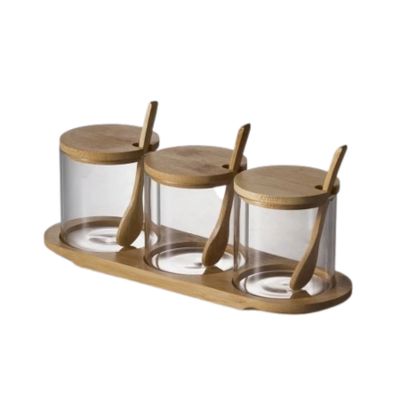 Spice Jar Set 3 Piece Glass 30 cm Bamboo Lid Containers with Spoons for Salt Sugar and Seasonings