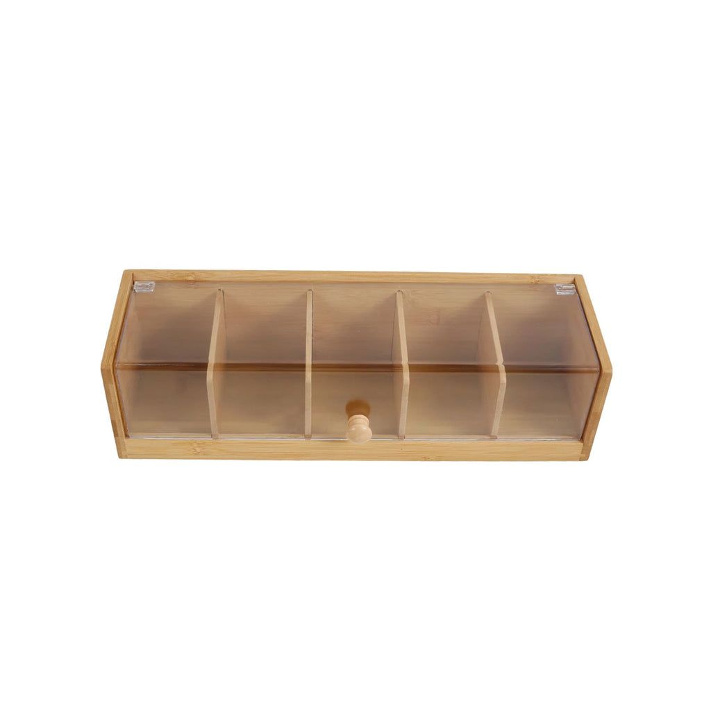 Tea Bag Organiser Bamboo Storage Box with 5 Compartments and Clear Lid