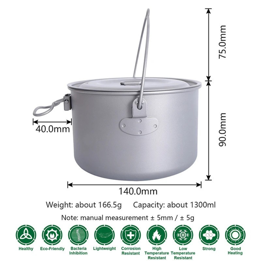 Titanium Camping Pot 1.3L Portable Hanging Cookware Ultralight Outdoor Cooking Pot
