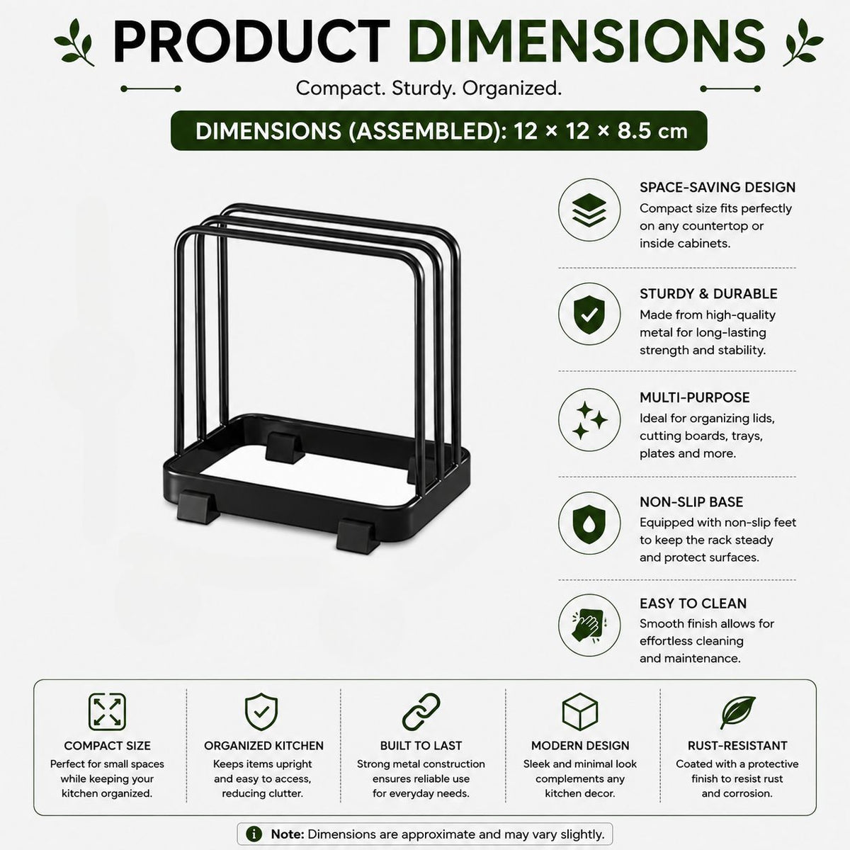 Cutting Board Rack 12cm Vertical Kitchen Storage Stand with Drain Tray Reusable Organiser - Black