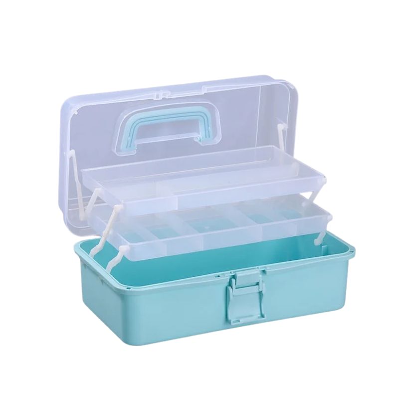 Storage Box 3 Layer Portable Craft Organiser with Adjustable Dividers Carry Handle - Blue