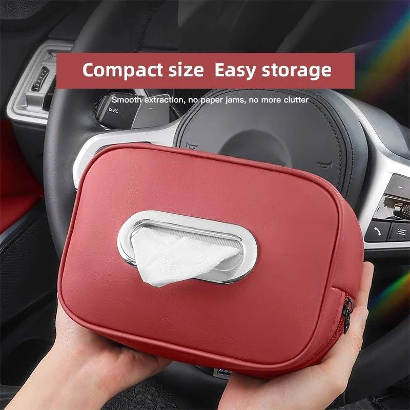 Car Tissue Holder 19cm Leather Headrest Paper Towel Storage Organiser Retractable Strap - Red