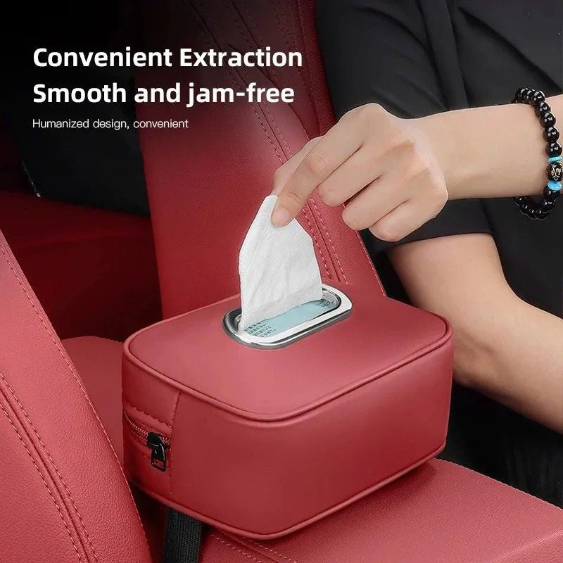 Car Tissue Holder 19cm Leather Headrest Paper Towel Storage Organiser Retractable Strap - Red