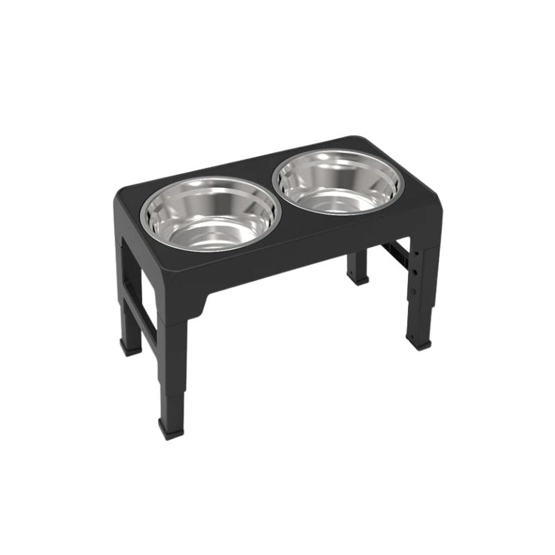 Elevated Dog Feeder Adjustable Raised Stand 2 Stainless Steel Bowls - Black