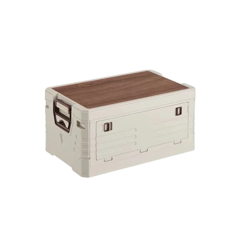 35L Foldable Camping Storage Box Portable Car Organizer with Wooden Lid and Carry Handles