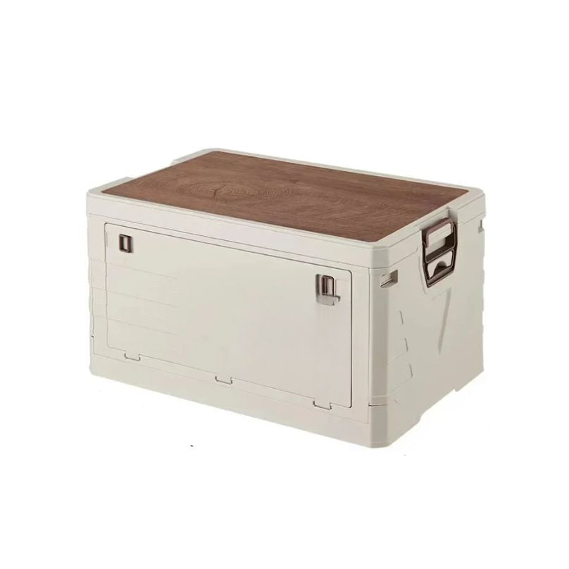 55L Foldable Camping Storage Box Portable Car Organizer with Wooden Lid and Carry Handles