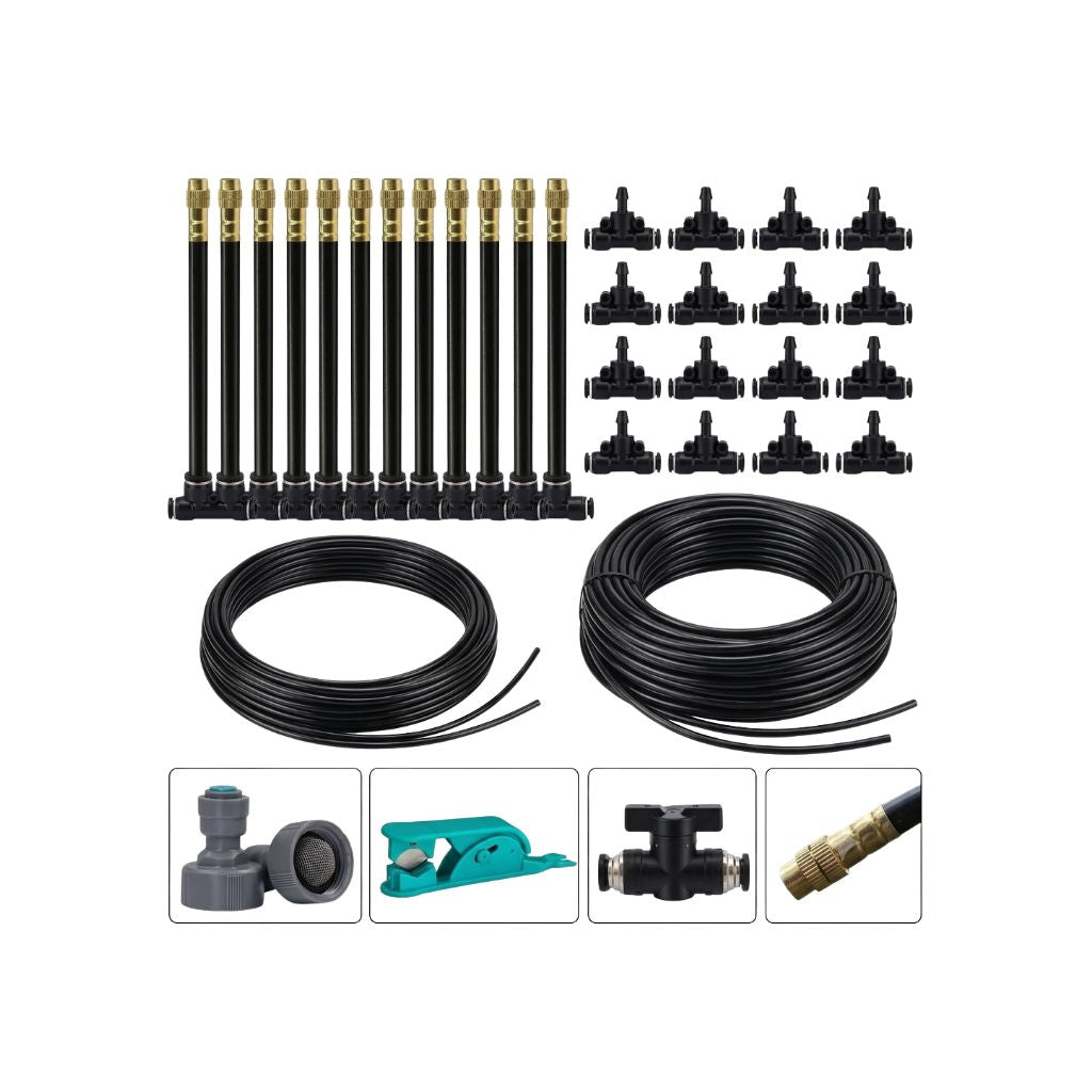 Garden Misting System 25m Adjustable 360° Cooling Irrigation Kit with Leak Resistant Connectors