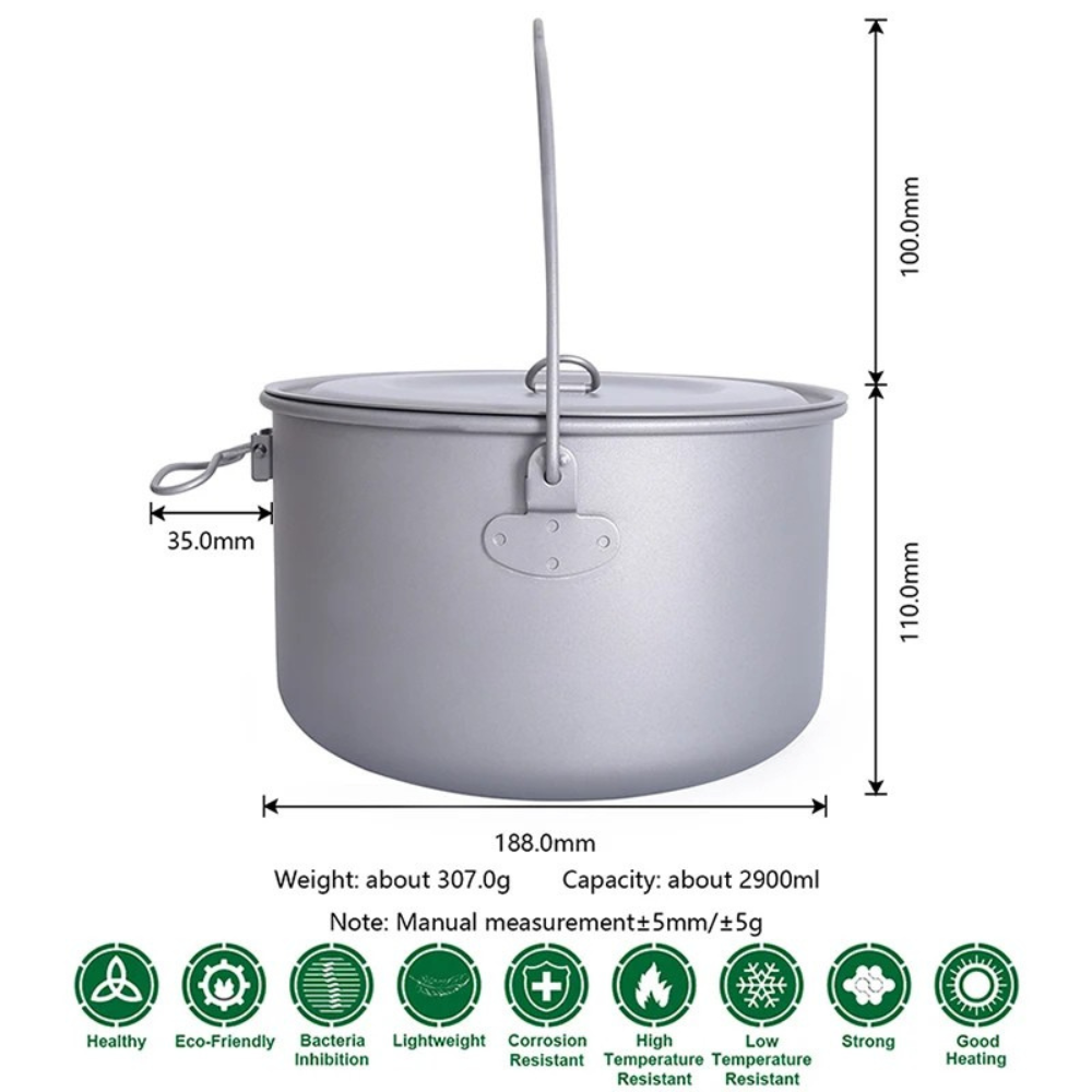 Titanium Camping Pot 2.9L Portable Hanging Cookware Ultralight Outdoor Cooking Pot