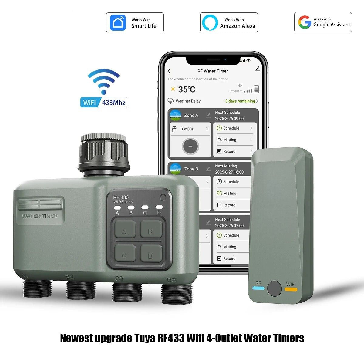 Smart WiFi RF433 Garden Sprinkler Water Timer 4 Outlet Programmable Automatic Irrigation Controller with Rain Delay
