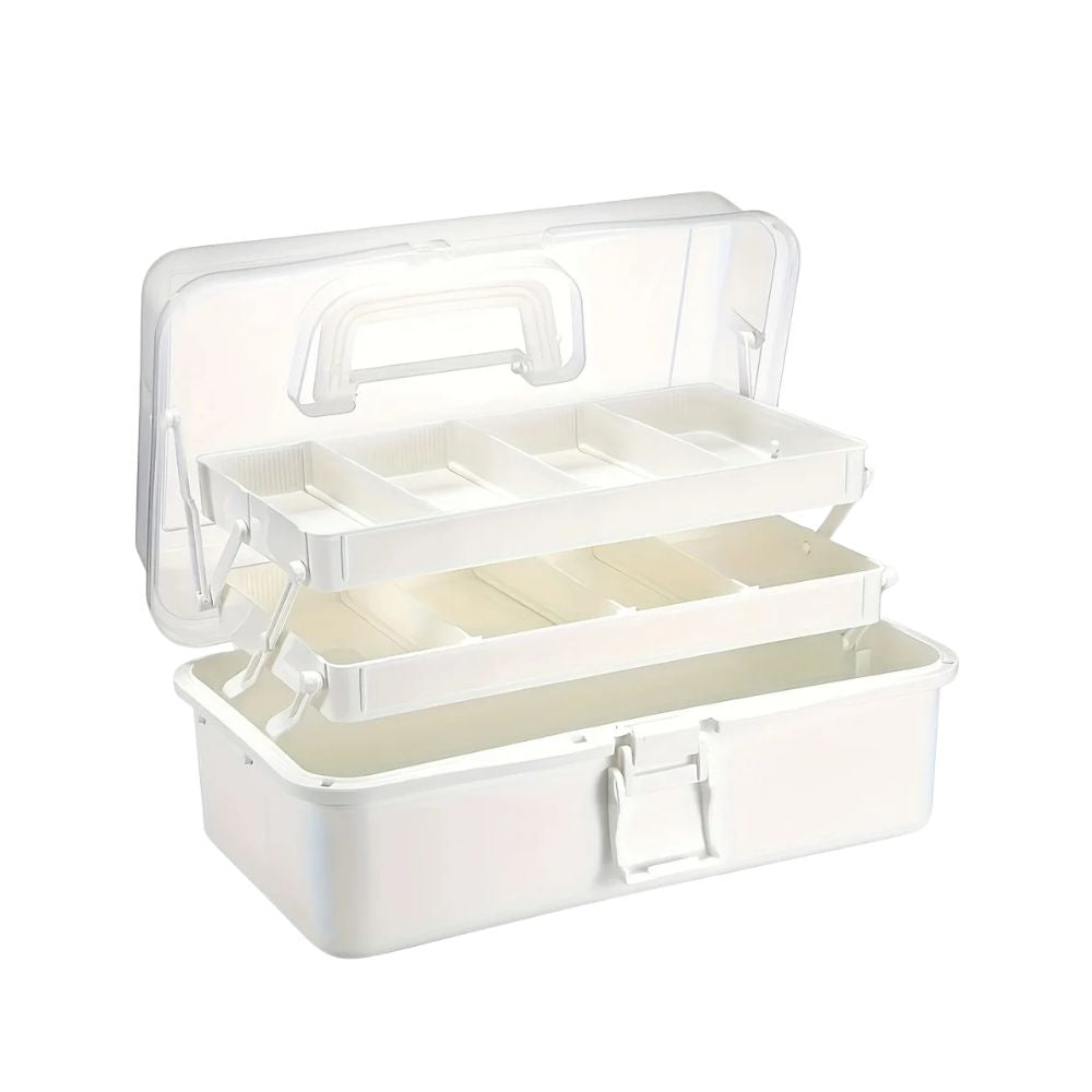 Storage Box 3 Layer Portable Craft Organiser with Adjustable Dividers Carry Handle - White