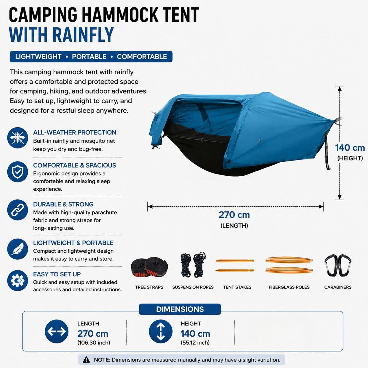 Camping Hammock Tent 3 In 1 Waterproof Outdoor Shelter with Mesh - Blue