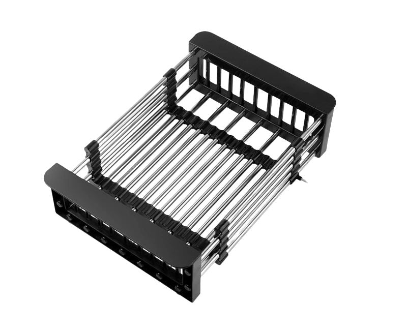 Kitchen Sink Drain Rack Adjustable Stainless Steel Retractable Dish Drying Basket Storage Organizer - Black