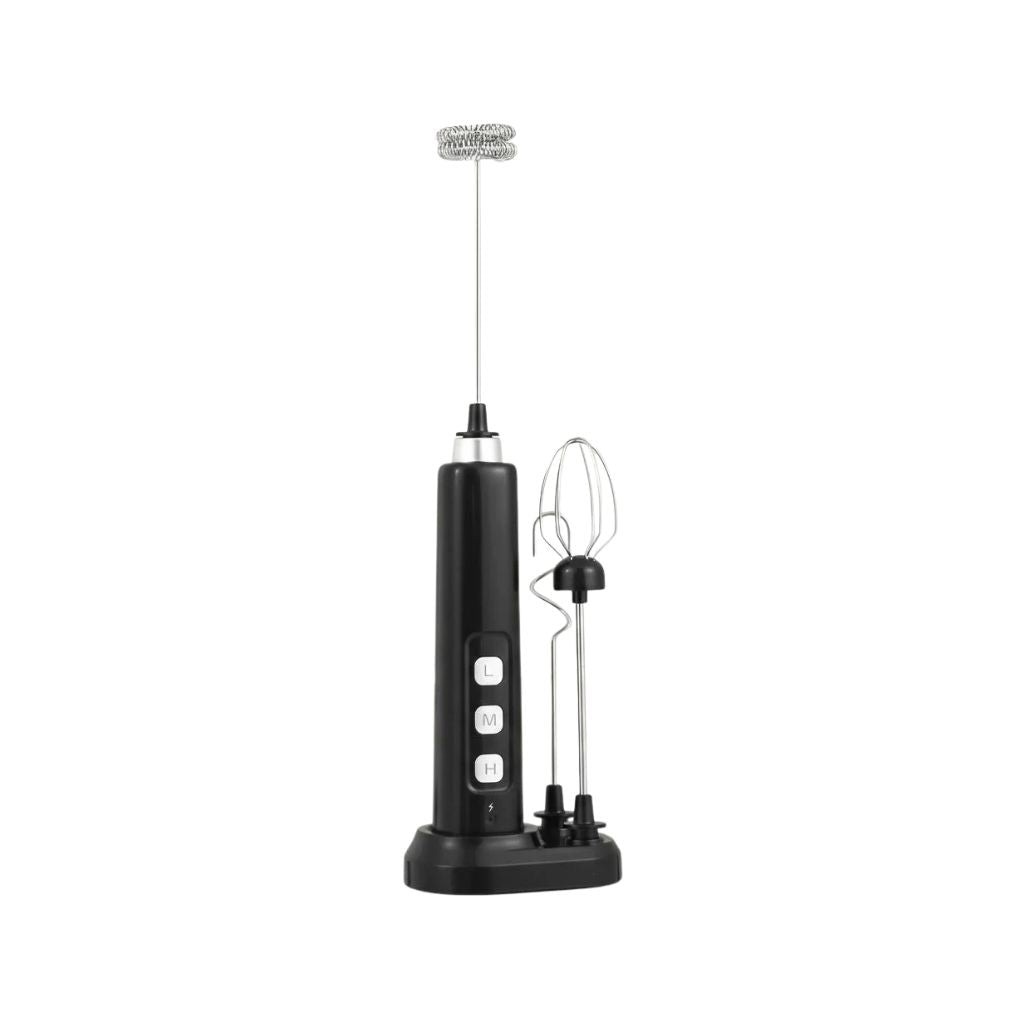 Milk Frother Rechargeable Electric Whisk 3 Speed Mixer 3 Attachments - Black