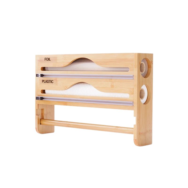 Kitchen Organizer Portable Bamboo Wrap Dispenser Cutter Box 2 Compartment Wall Mounted Storage