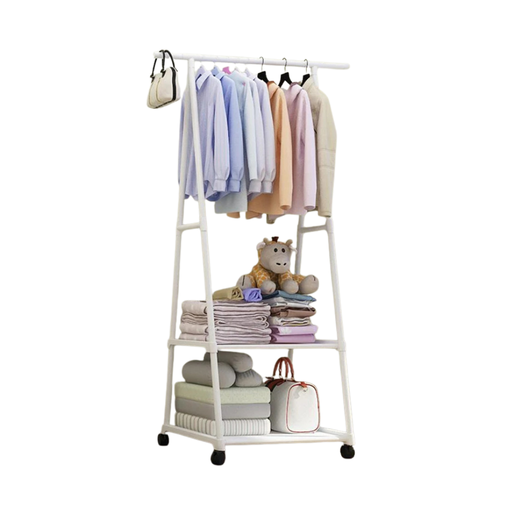 Clothes Rack with Wheels Foldable Multi Layer Storage Organizer Double Pole Hanging Rack - White