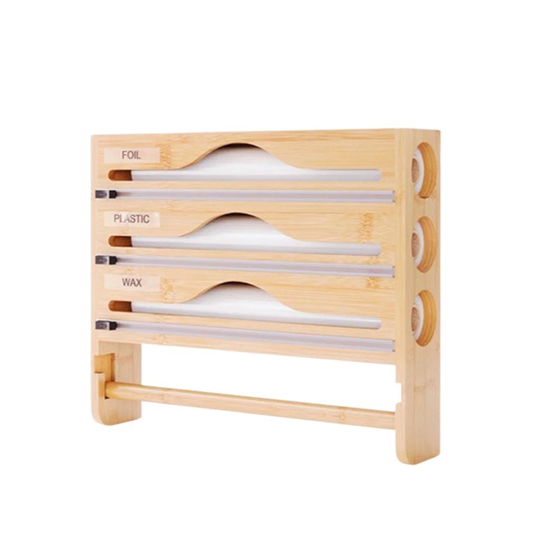 Kitchen Organizer Portable Bamboo Wrap Dispenser Cutter Box 3 Compartment Wall Mounted Storage