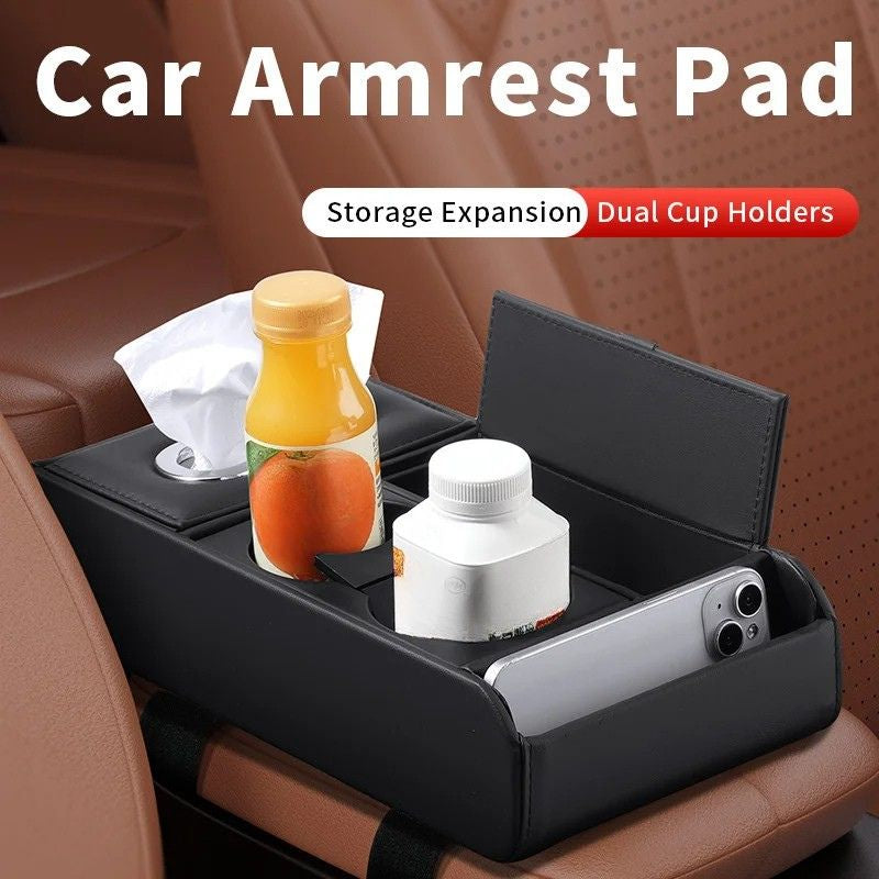 Portable Car Armrest Storage Box with Cup Holder and Tissue Slot, Black(A) Console Organizer