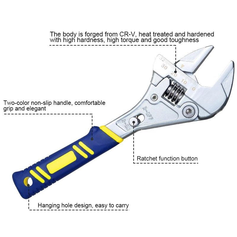 Adjustable Ratchet Wrench Heavy Duty 21cm Large Opening 0-32mm Multi Function Hand Tool