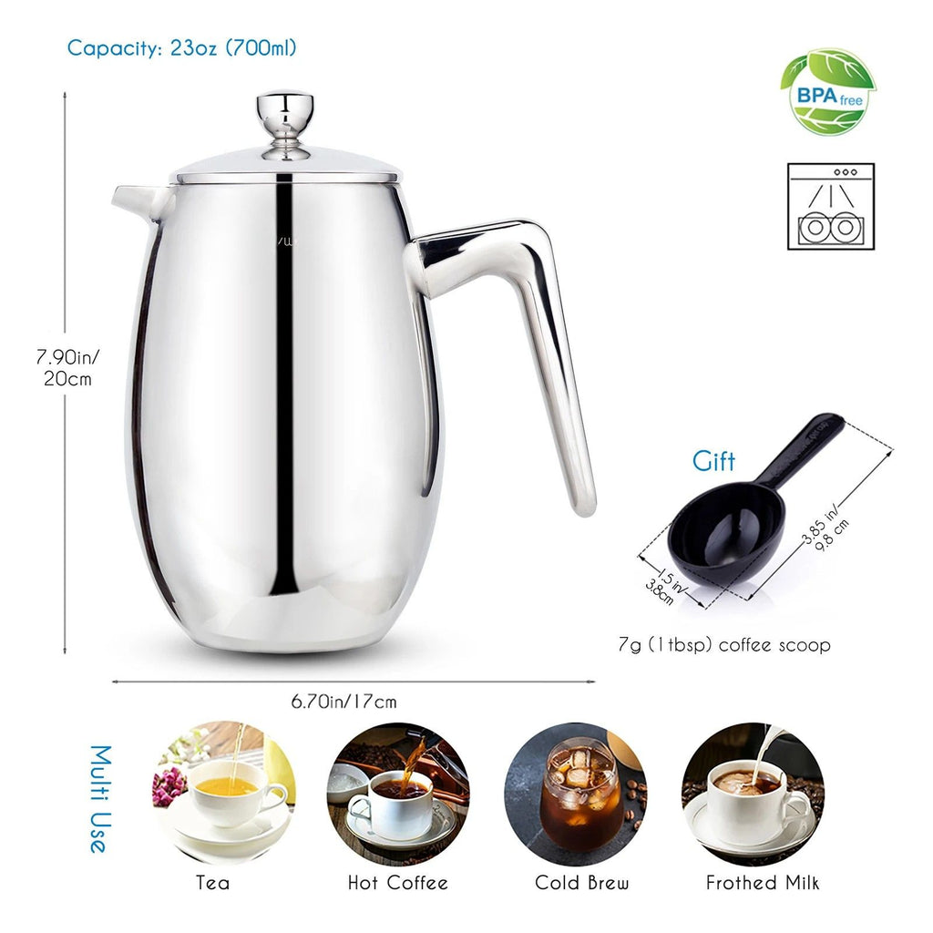 French Press 700mL 304 Stainless Steel Double Wall Thermal Coffee Maker with Fine Mesh Filter