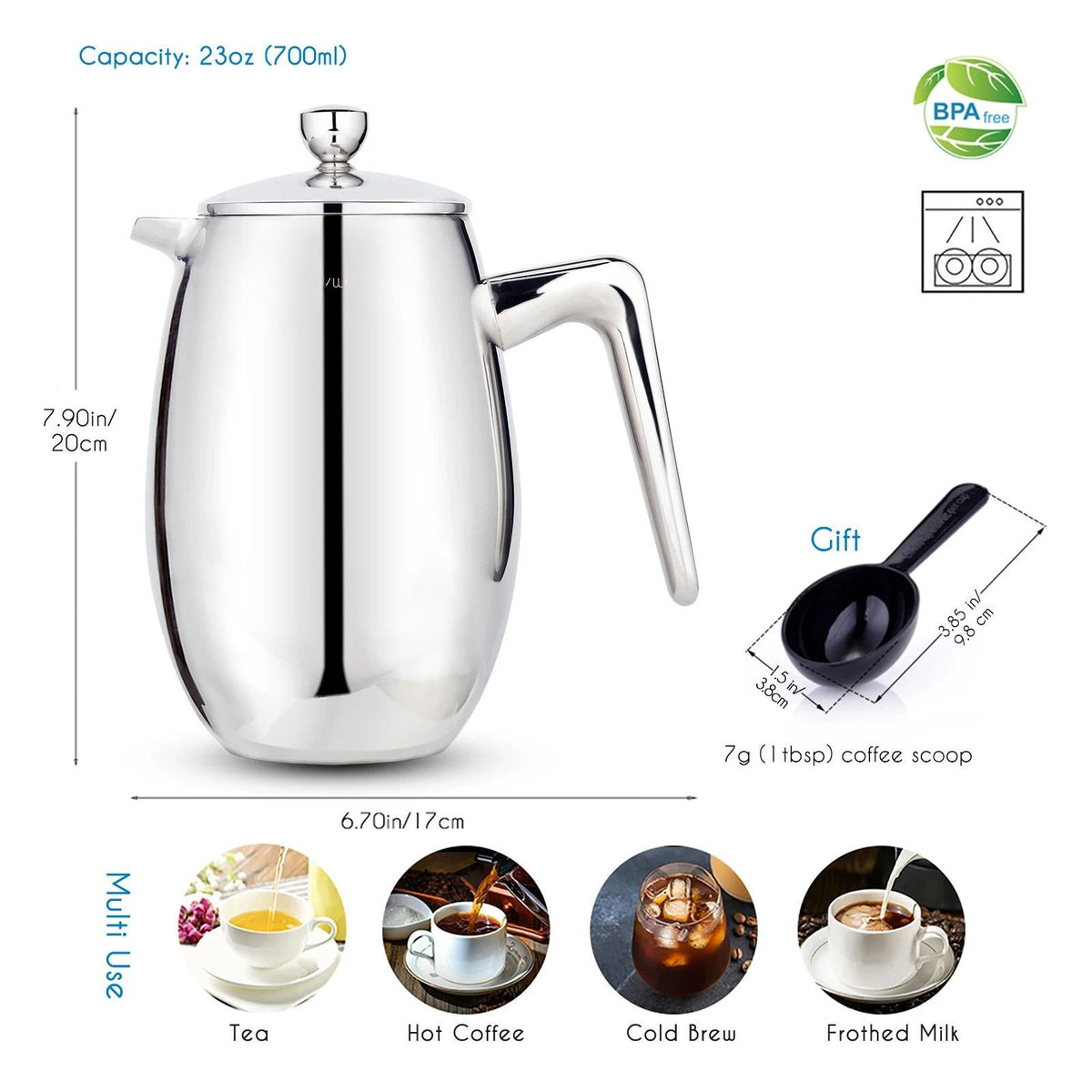 French Press 700mL 304 Stainless Steel Double Wall Thermal Coffee Maker with Fine Mesh Filter