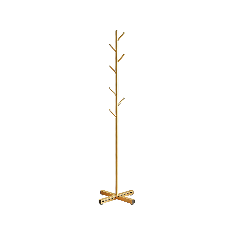Clothes Rack Stand Metal Floor Standing Organizer Multi Hook Garment Hanger for Bedroom Living Room - Gold