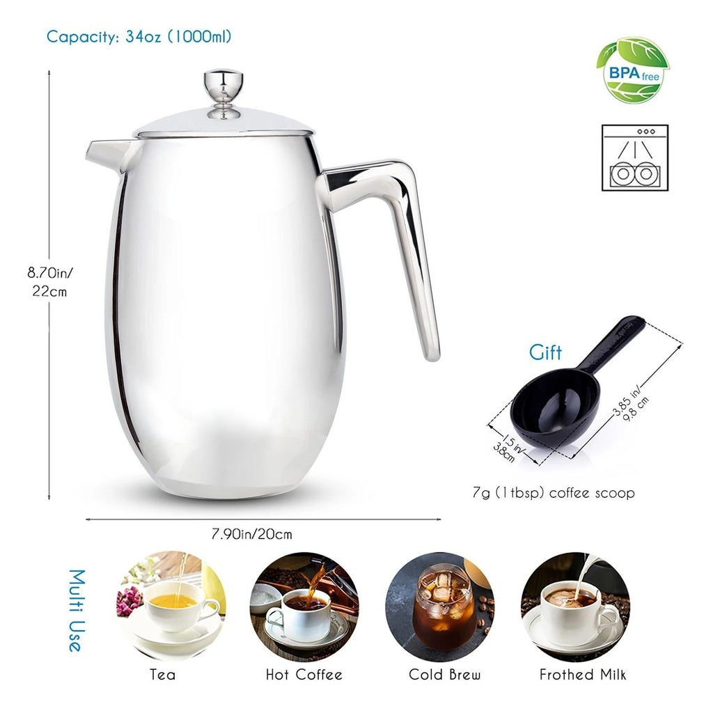 French Press 1000mL 304 Stainless Steel Double Wall Thermal Coffee Maker with Fine Mesh Filter
