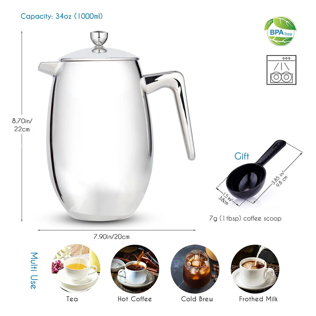 French Press 1000mL 304 Stainless Steel Double Wall Thermal Coffee Maker with Fine Mesh Filter