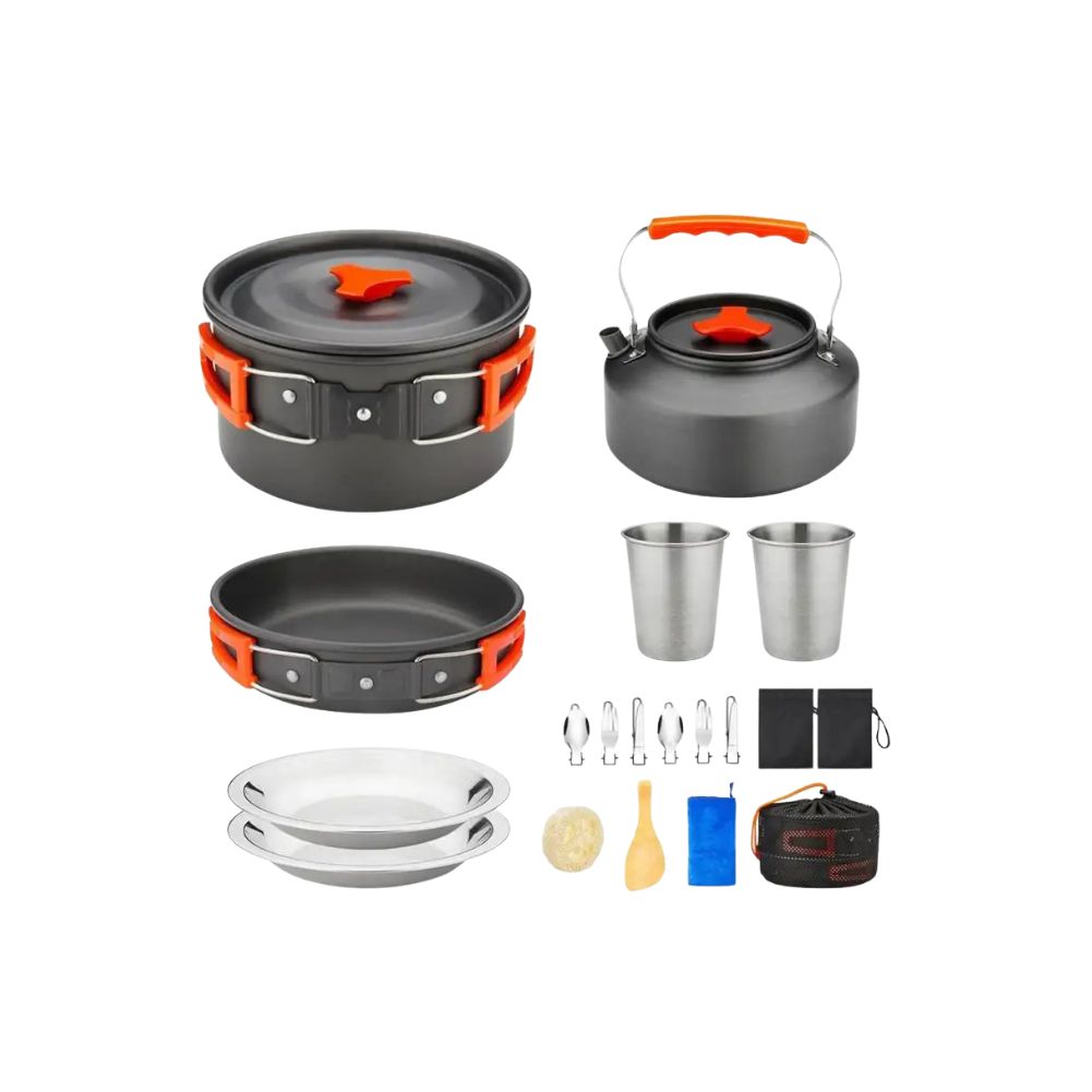 Camping Cookware Set 2-3 Person Aluminum Pots Pans Kettle Kit - Orange