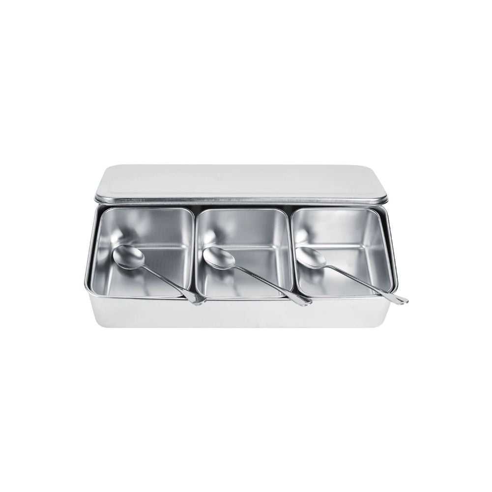 Seasoning Box 3 Grid 630mL Stainless Steel Spice Storage Container Set with Lid and Spoons - Silver