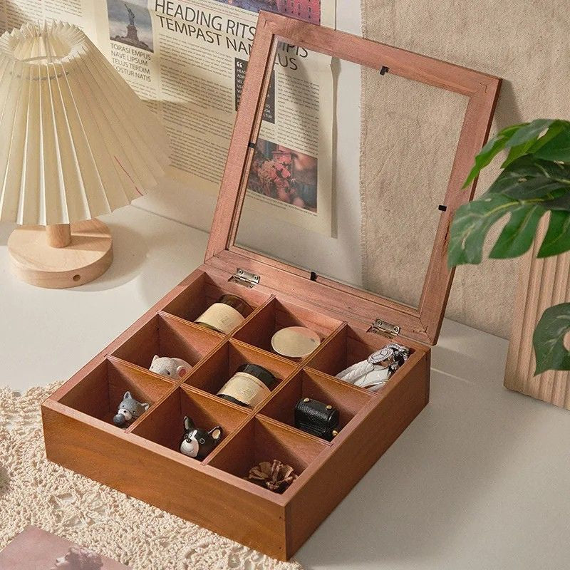 Jewelry Storage Box Portable 9 Grid Solid Wood Desktop Organizer Case Multi Function Rectangle Design
