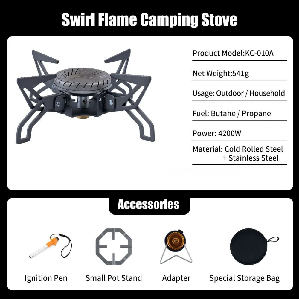 Camping Stove 4200W Gas Burner Swirl Flame Portable Windproof Cooker - Black