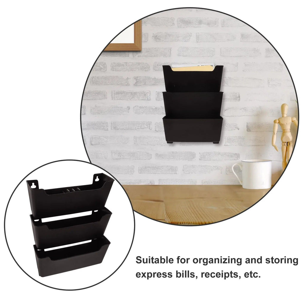 Transparent Wall Mounted File Organizer Set, Portable Plastic A5 Document and Mail Holder Rack - Black