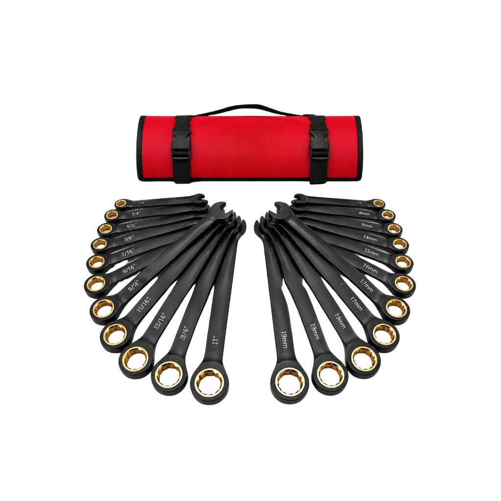 Ratcheting Wrench Set 24-Piece Heavy Duty 72 Tooth CR-V Steel Metric & SAE Spanner Kit with Roll Up Pouch