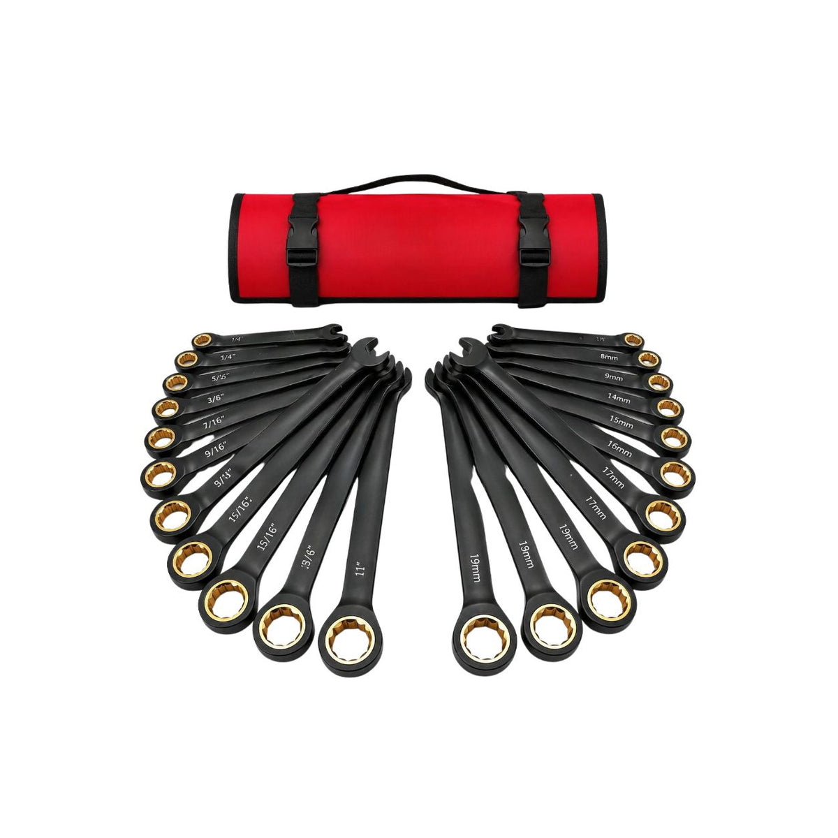 Ratcheting Wrench Set 24-Piece Heavy Duty 72 Tooth CR-V Steel Metric & SAE Spanner Kit with Roll Up Pouch