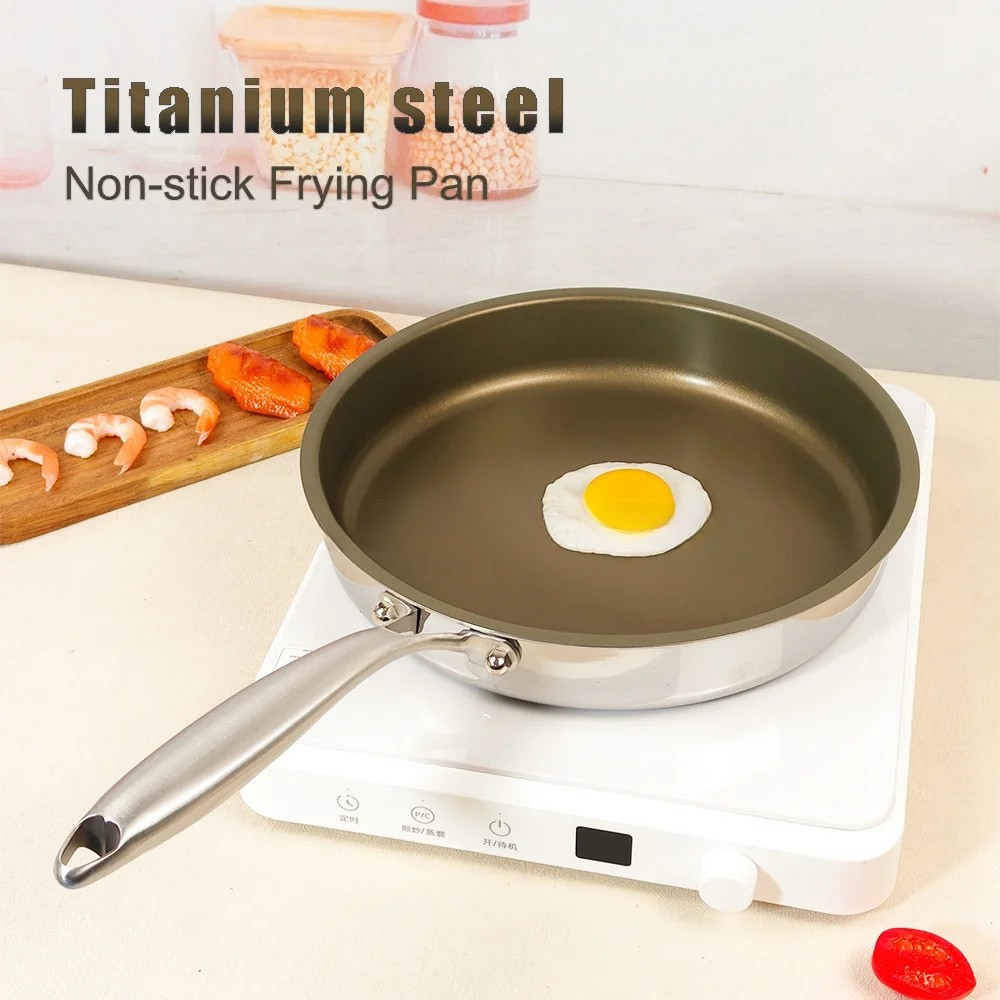 Titanium Alloy Frying Pan 24cm Stainless Steel Non-Stick Wok Double Handle