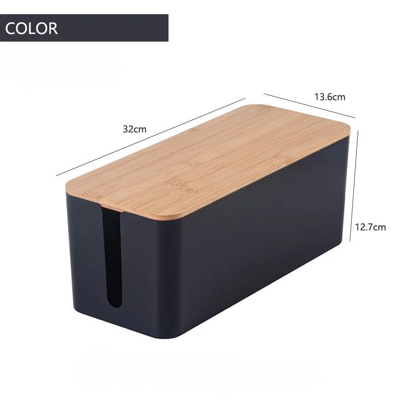 Cable Management Box Bamboo Cover Cord Organiser Power Board Storage - Large
