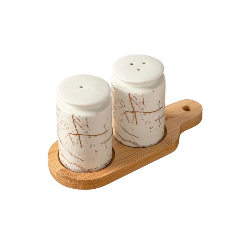 Ceramic Salt and Pepper Jar Set with Wooden Tray Nordic Spice Containers - White