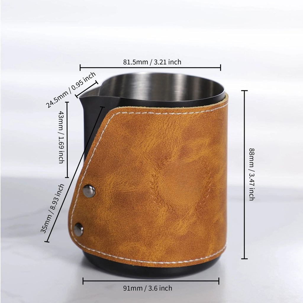 Milk Frothing Pitcher 450mL Stainless Steel Steaming Jug with Pouring Spout and Leather Case - Black