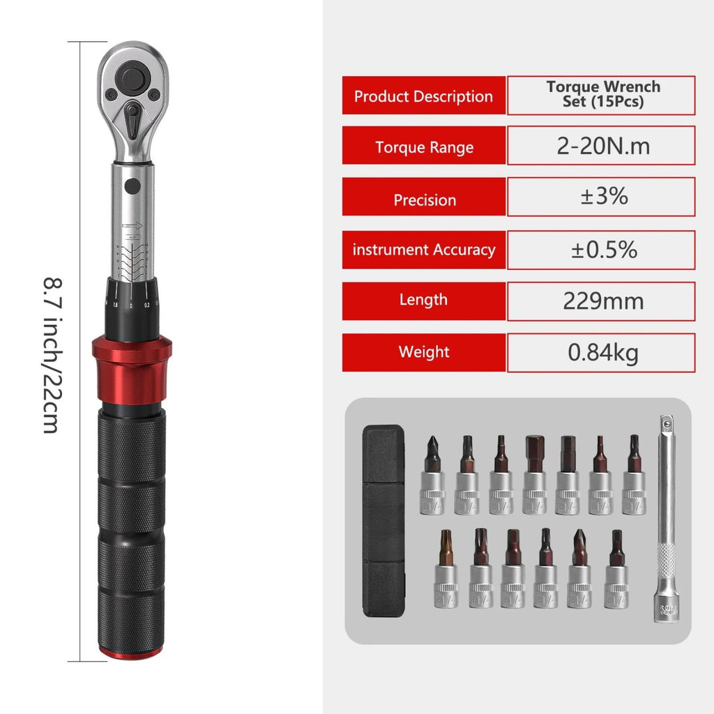 Torque Wrench Set Portable Heavy Duty 1/4 Inch Drive 2-20 N·m Precision Bicycle Repair Tool Kit