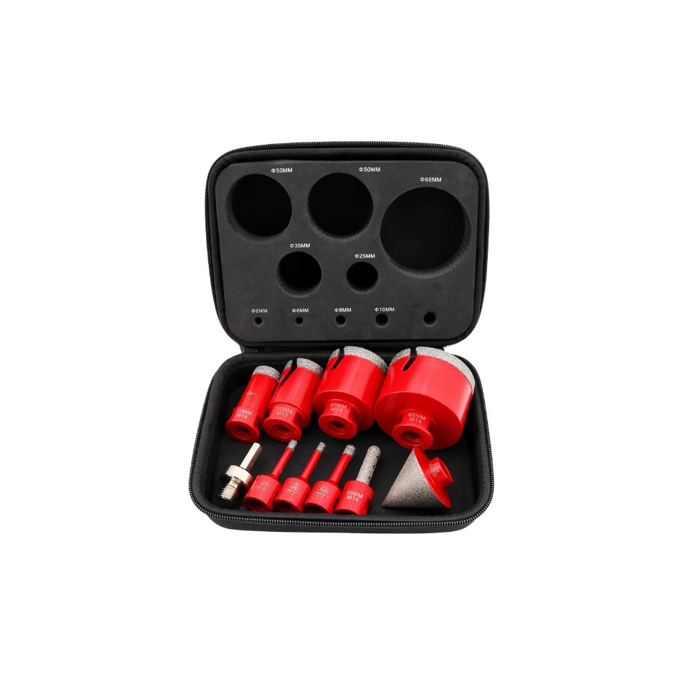 Diamond Drill Bit Set 10 Piece Hole Saw Kit M14 Thread for Tile Granite Marble - Red